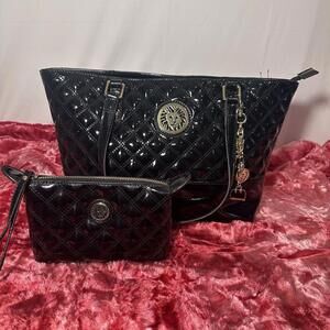 Anne Klein Purse Tote Black Quilted Shiny Vinyl Shoulder Bag Charm With Wristlet